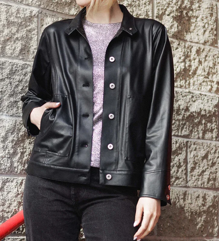 Clara S Black Liquid Leather Large Front Pockets Jacket