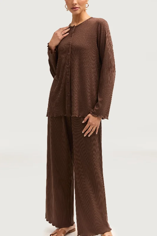 Naeema Ribbed Button Down Top & Pants Matching Set - Truffle