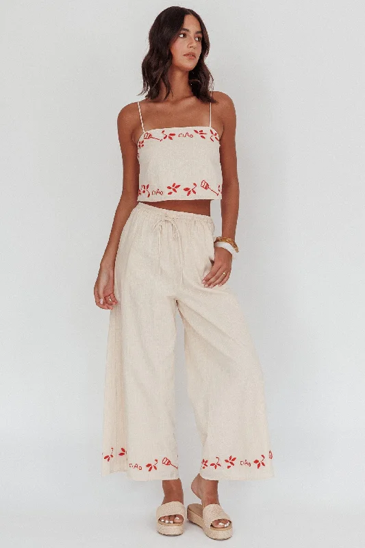 Sorrento Summer Embroidered Wide-Leg Pants Oat