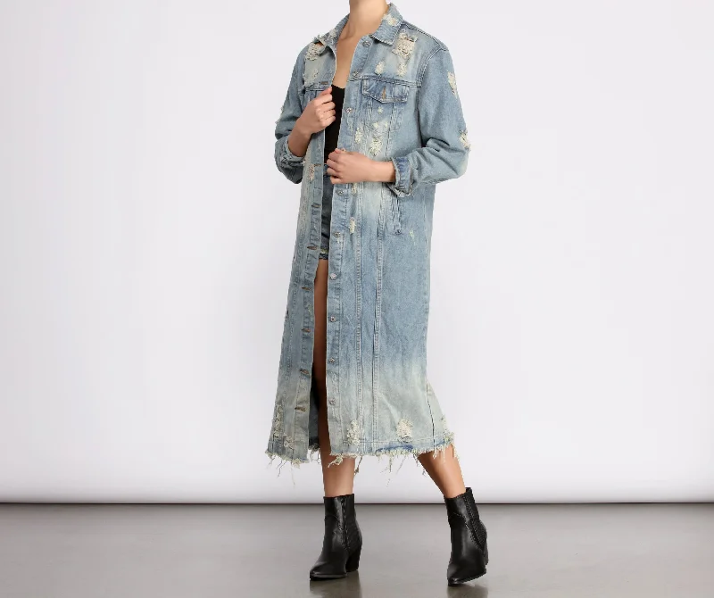 Stylishly Destructed Long Line Denim Jacket