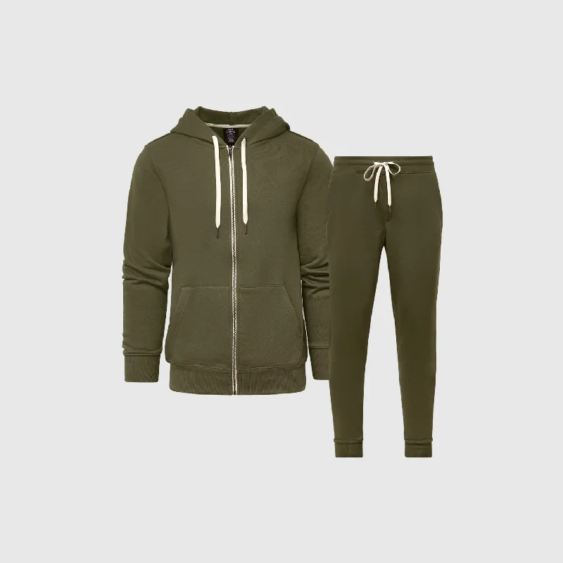 Military Green Fleece Zip Hoodie and Jogger Set