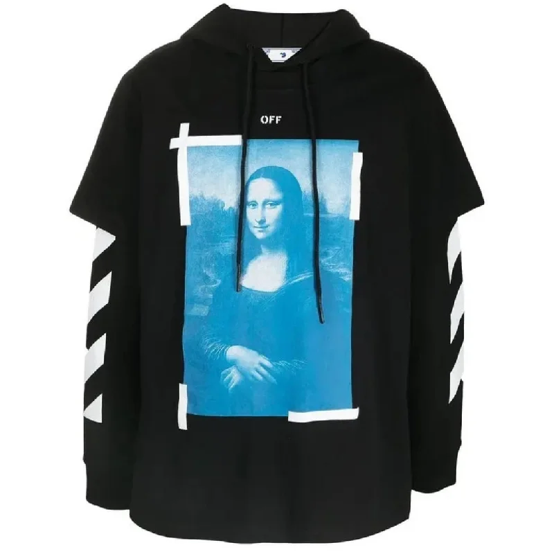 Off White Blue Monalisa Double Tee Skate Fit Black Hoodie