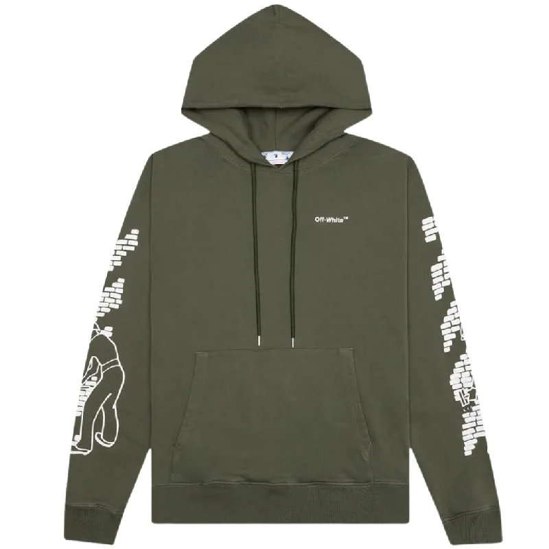 Off-White Bricks Design Slim Fit Army Green Hoodie