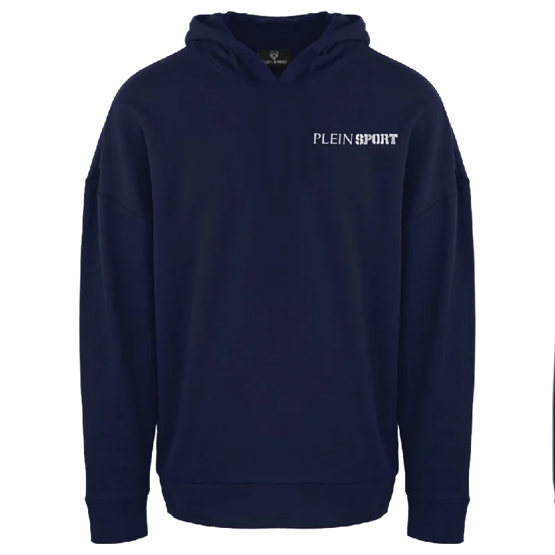 Plein Sport Block Logo On Chest Navy Blue Hoodie