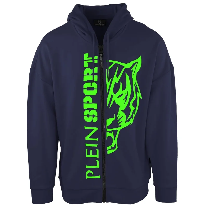 Plein Sport Large Green Logo Navy Blue Zip Up Hoodie