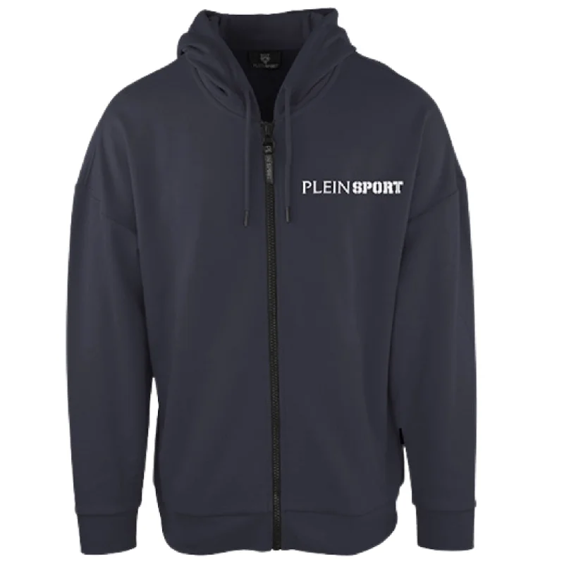 Plein Sport Logo On Back Zip Up Navy Blue Hoodie