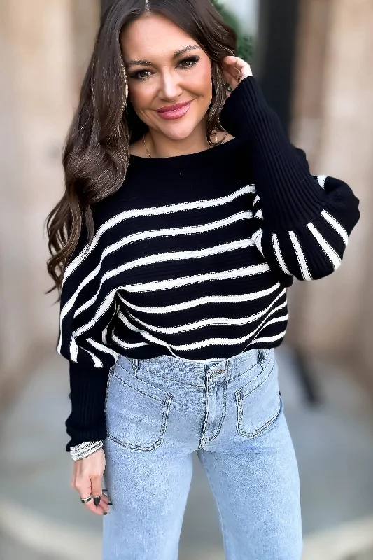 Black Striped Fitted Sleeve Sweater