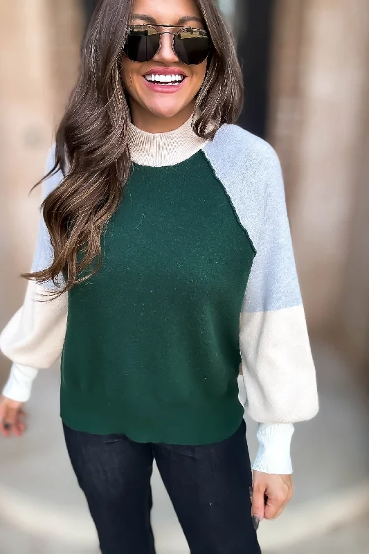 Hunter Green Colorblock Mock Neck Sweater Top