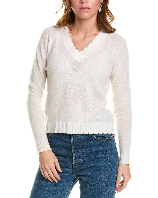 Minnie Rose Distressed Trim Cashmere Sweater