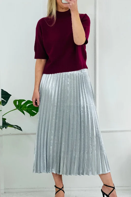 Lia Metallic Silver Pleated Skirt