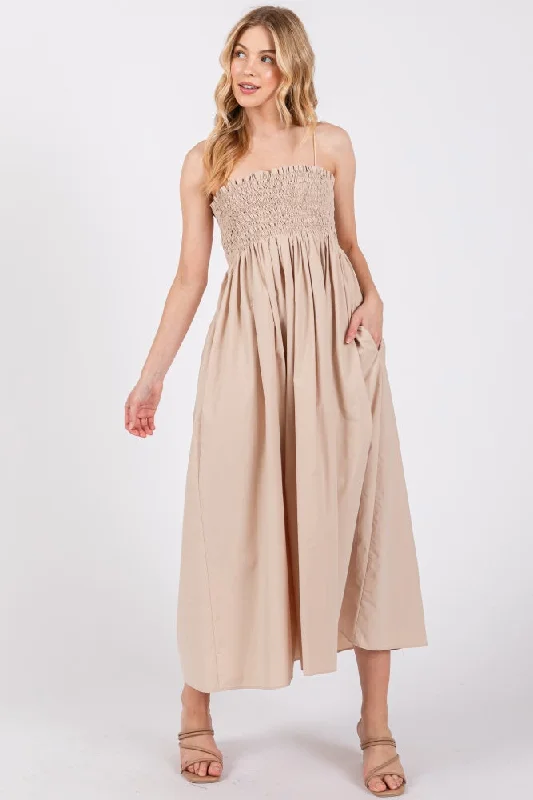 Beige Smocked Pocketed Midi Dress