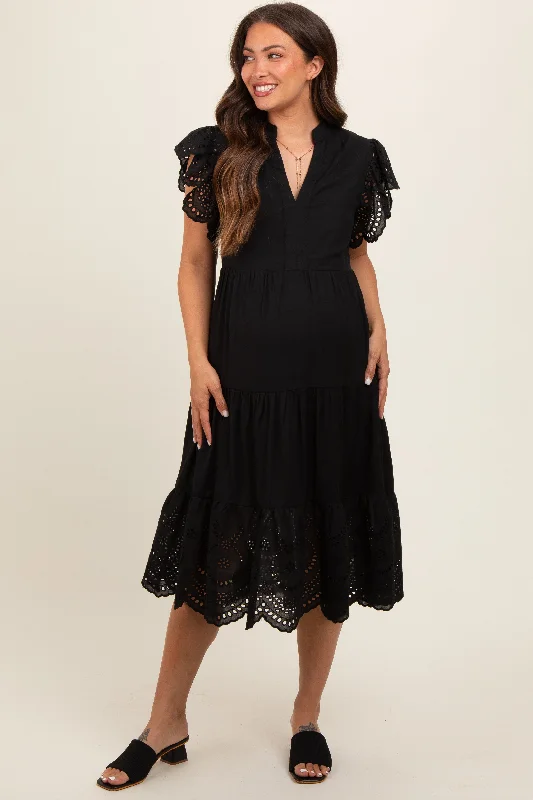 Black V-Neck Eyelet Detail Ruffle Shoulder Tiered Maternity Midi Dress