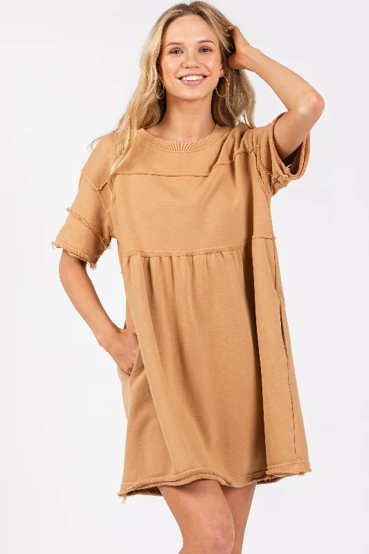 Camel Raw Hem Short Sleeve Dress