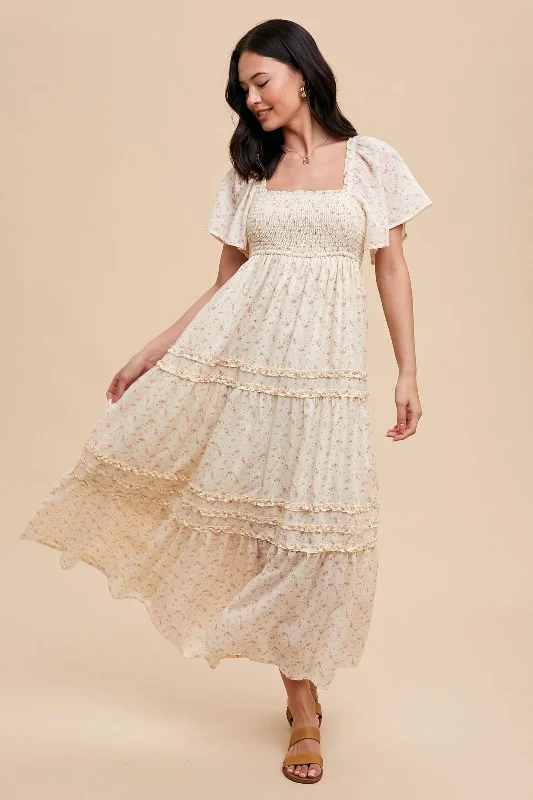 Cream Floral Smocked Square Neck Flutter Sleeve Midi Dress