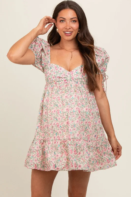 Cream Floral Sweetheart Neck Short Puff Sleeve Maternity Dress