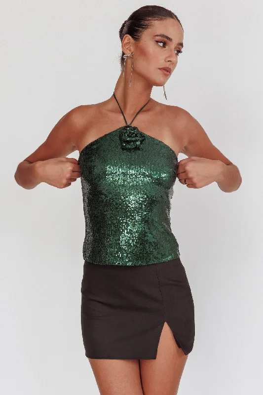 Darcy Sequin Halter Top Hunter Green