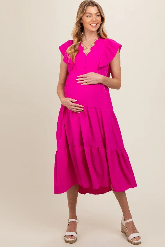 Fuchsia Flutter Sleeve Tiered Maternity Midi Dress