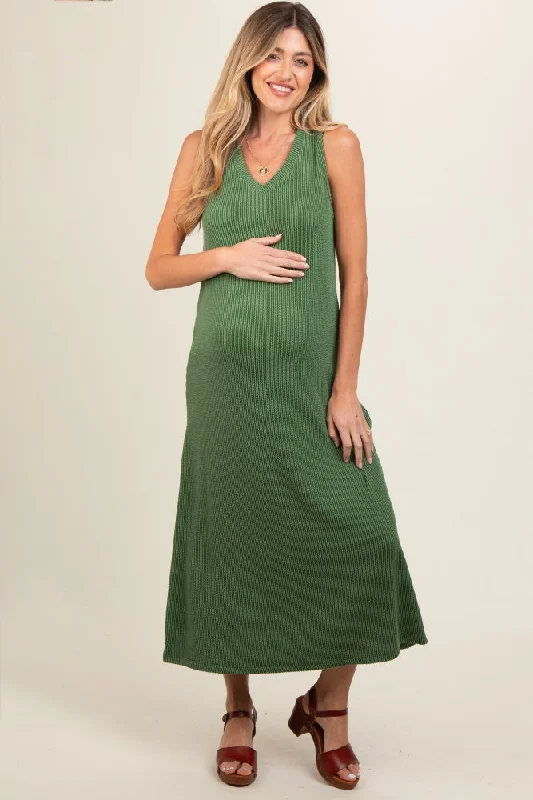 Green Sleeveless Ribbed Maternity Maxi Dress