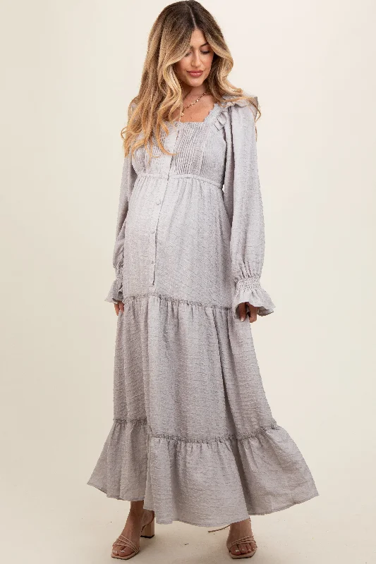 Grey Button Pleated Front Square Neck Ruffle Tiered Maternity Maxi Dress