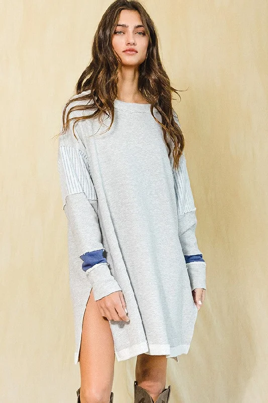 Grey Navy Color-Block French Terry Knit Tunic Dress