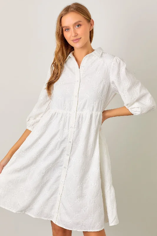 Ivory Floral Embroidered Collared Button Down Dress