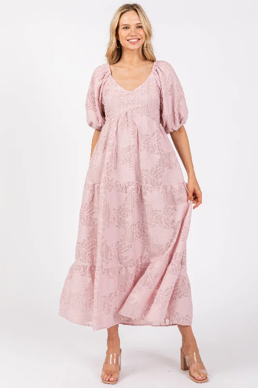 Light Pink Embroidered Leaf Print Striped Maxi Dress