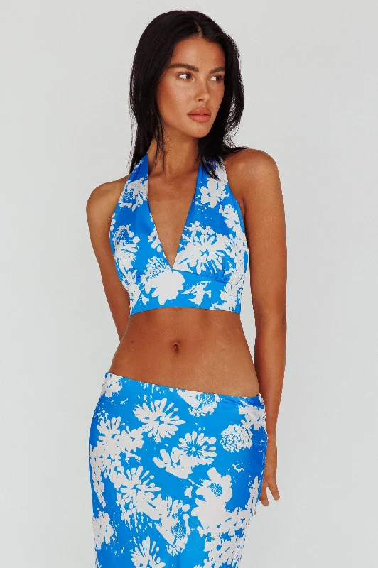 Manila Halterneck Crop Top Blue Floral