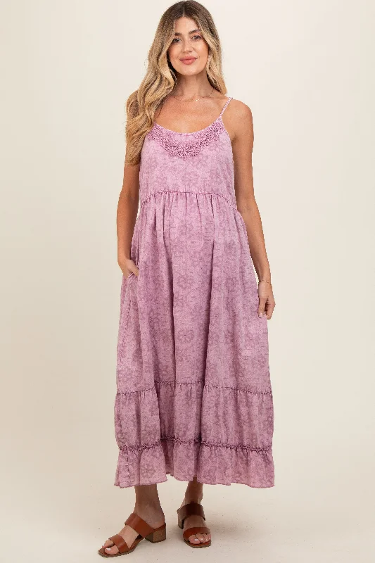 Mauve Embroidered Vintage Wash Maternity Midi Dress