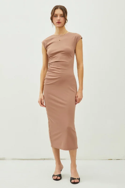 Mocha Side Ruched Midi Dress