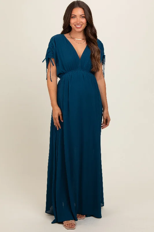 Navy Blue V-Neck Drawstring Short Sleeve Side Slit Maternity Maxi Dress