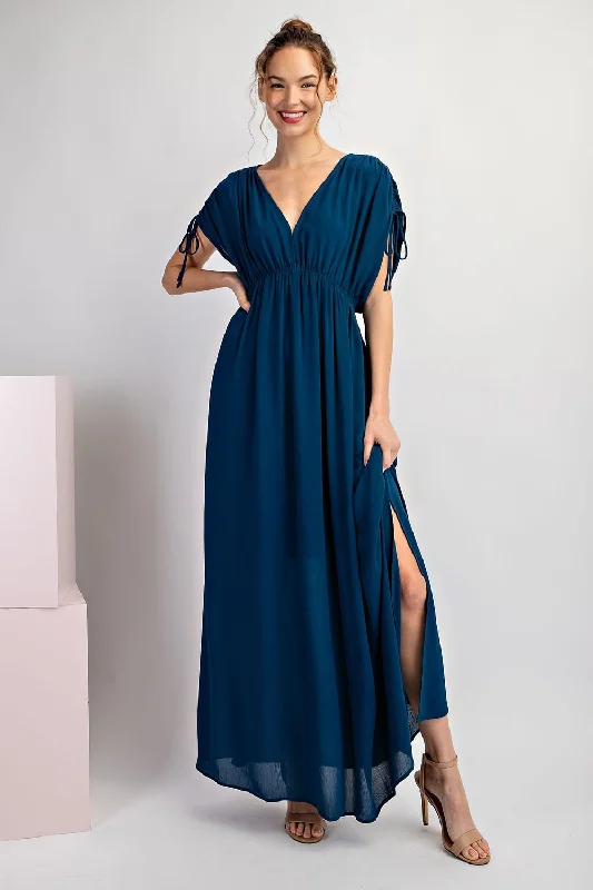 Navy Blue V-Neck Drawstring Short Sleeve Side Slit Maxi Dress