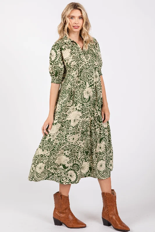 Olive Floral Collared Tiered Midi Dress