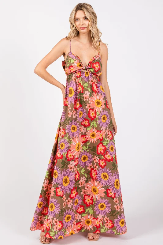 Olive Floral Cutout V-Neck Maxi Dress