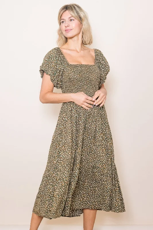 Olive Floral Smocked Midi Dress