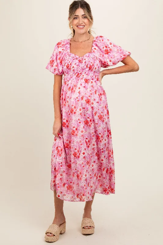 Pink Floral Smocked Sweetheart Neck Short Puff Sleeve Maternity Midi Dress