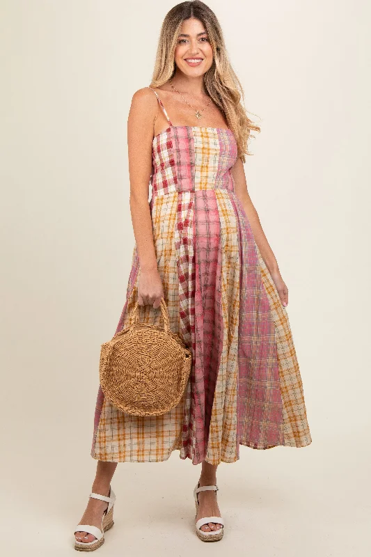 Pink Mixed Plaid Maternity Maxi Dress