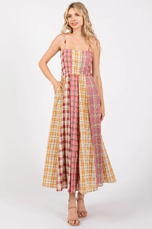 Pink Mixed Plaid Maxi Dress